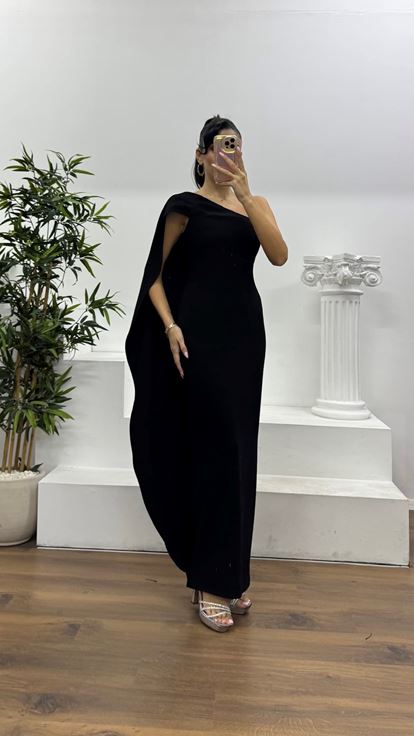 Siyah Tek Kol Özel Tasarım Abiye Elbise